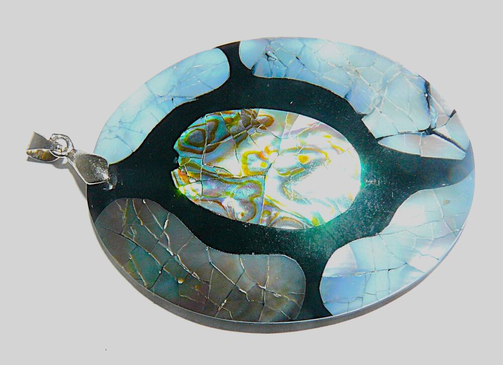 Vintage Abalone Shell Oval Mosaic 2.75" Pendant Black Resin Inlay 18KGP Bail